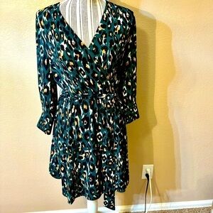 Express Dress Small Olive Green Animal Print Black Mustard Cream Mini Faux Wrap